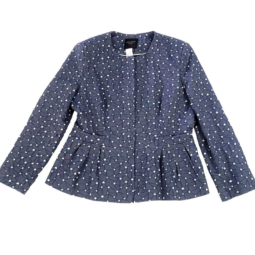 Helene London Stars Blazer peplum flare blue L zip up constellation Career